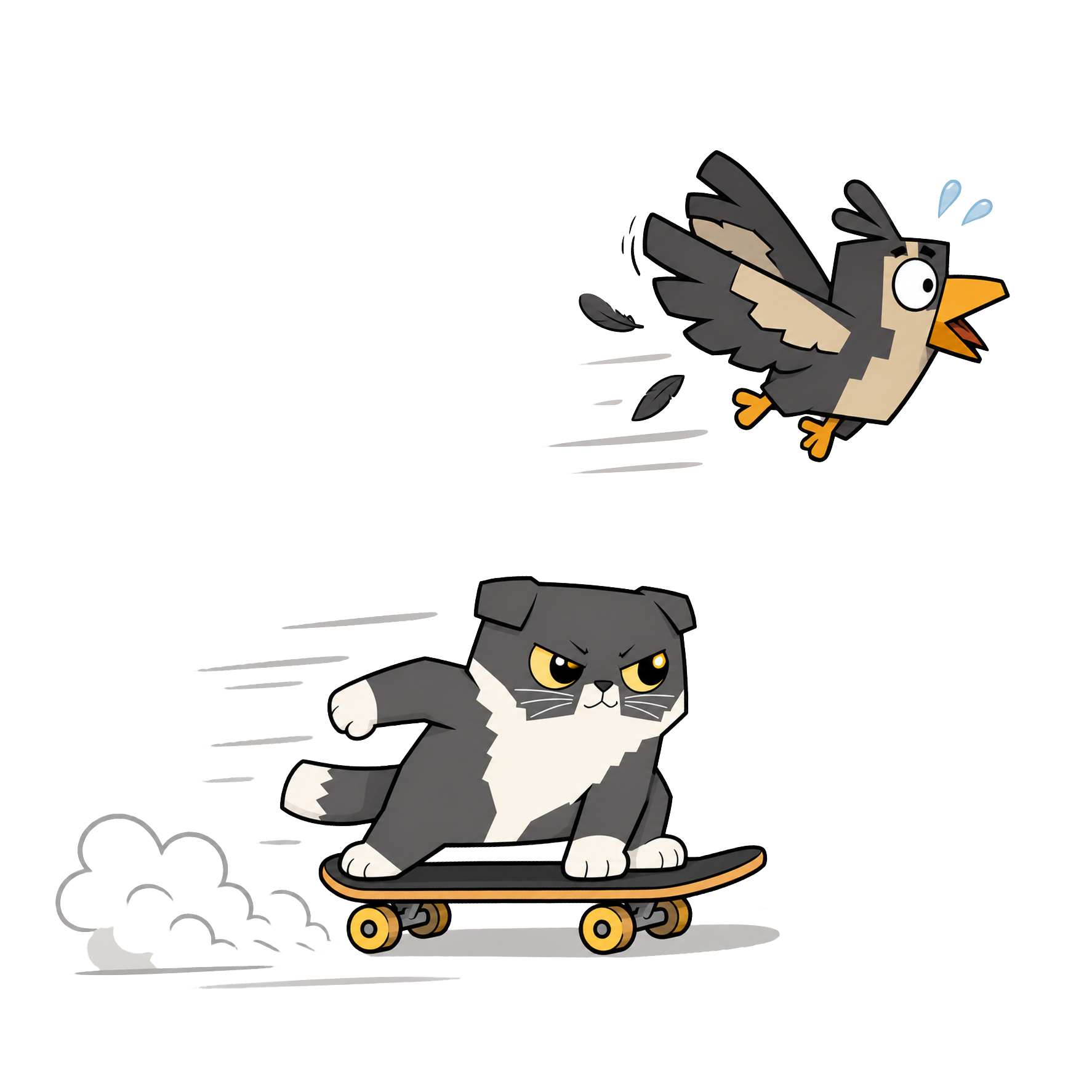 Official SkyPounce artwork: a cat riding a skateboard and chasing a bird